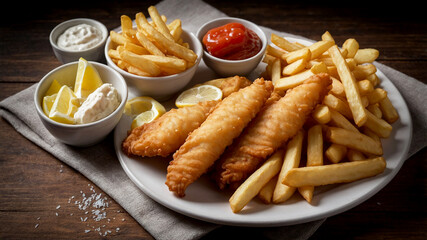 Fish and Chips British classic consisting of battered and deep-fried fish served with crispy fries