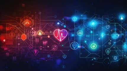 Obraz premium Heartbeat wave in neon with tech icons, showcasing the integration of digital technology in modern cardiology