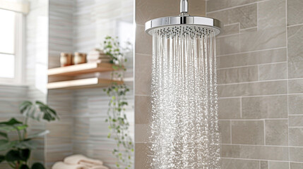 A shower head is spraying water in a bathroom