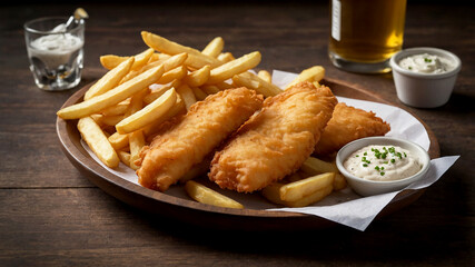 Fish and Chips British classic consisting of battered and deep-fried fish served with crispy fries