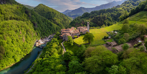 Aerial view of Cornello dei Tasso in Brembana Valley, Bergamo, Lombardy, Italy