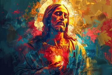 A painting of the sacred heart of Jesus Christ created using oil on canvas