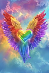 Fototapeta premium Wings of Love - Vibrant Rainbow Heart with Angel Wings Soaring in Serene Sky for Pride Celebration