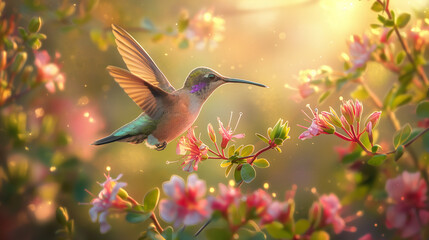 Fototapeta premium Vibrant Flower Hosts Graceful Hummingbird in Close-up Display of Nature's Beauty, Fluttering Elegance Captured in Detailed Shot