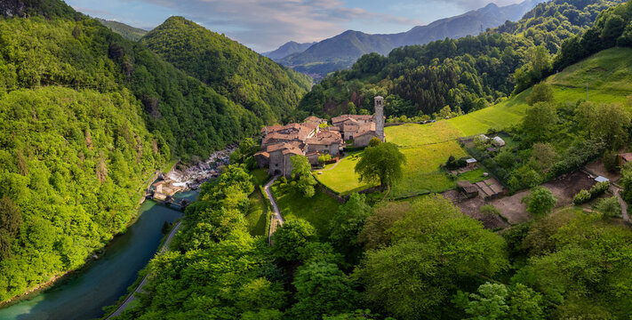 Aerial view of Cornello dei Tasso in Brembana Valley, Bergamo, Lombardy, Italy