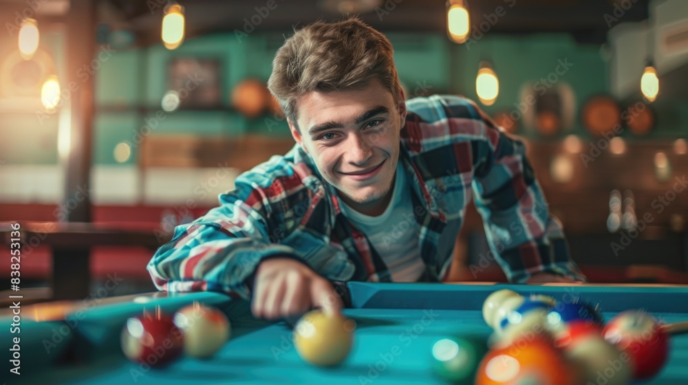Poster a person leaning over a pool table with balls scattered around, ready to take their next shot