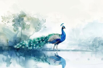 A colorful peacock stands in the water, showcasing its vibrant feathers