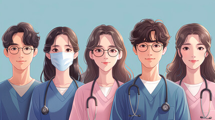 A group of cartoon characters are wearing medical scrubs and masks