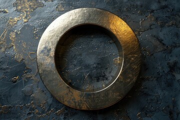 A single gold metal ring sits on a black surface