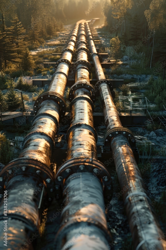 Poster A large long pipe sits in the middle of a forest, surrounded by trees and foliage
