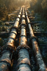 Fototapeta premium A large long pipe sits in the middle of a forest, surrounded by trees and foliage