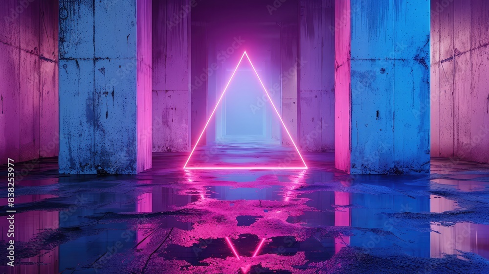 Wall mural Holographic gradient triangle shape. Glowing ball, ultraviolet neon light, blank space, abstract minimal background. 3D rendering. Blue and pink tones,Futuristic landscape with a triangle. 3D render
 - Wall murals