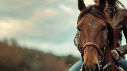 Obraz premium A person sitting on the back of a brown horse, with scenery in the background