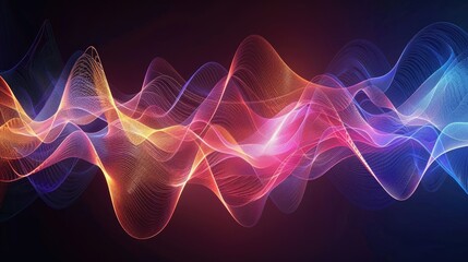 Mesmerizing graphic waves of light, forming elegant patterns in various colors on a dark backdrop