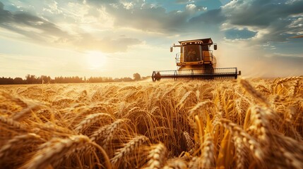 Fototapeta premium combine harvester working in golden wheat field successful agricultural harvest