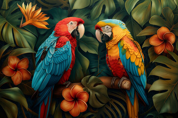 Fototapeta premium Colorful Parrots Perched on Branch Amid Lush Tropical Foliage and Vibrant Flowers, Exotic Jungle Wallpaper Mural Background