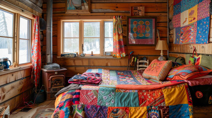 A colorful bed with a quilt and pillows