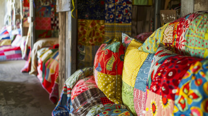 A colorful quilt with a variety of patterns and colors