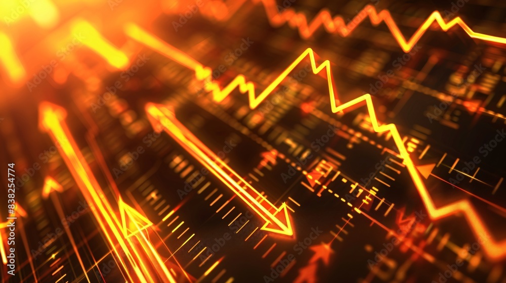 Poster A 3D model of a stock market trading chart with arrows and indicators, representing financial analysis