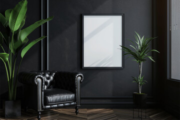 Picture frame mockup in dark tones with leather black armchair and decoration minimal