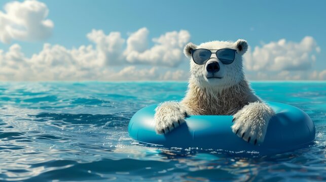 cool polar bear wearing sunglasses floating on inflatable ring in blue water digital art