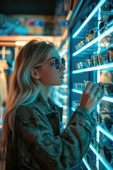 A woman trying on sunglasses in a retail store, possibly considering purchasing them