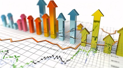 A 3D model of a stock market trading chart with arrows and indicators, representing financial analysis