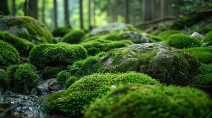 Obraz premium Moss-covered rocks with a lush, green texture, surrounded by a serene forest setting, showcasing natural beauty