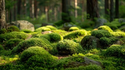 Moss-covered rocks with a lush, green texture, surrounded by a serene forest setting, showcasing natural beauty