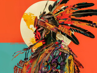 A colorful painting of a Native American man wearing a feathered headdress