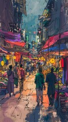 Fototapeta premium Enchanting Hand-Drawn Market Sketch - Vibrant Scene with Colorful Stalls and Bustling Crowds in Vertical Composition