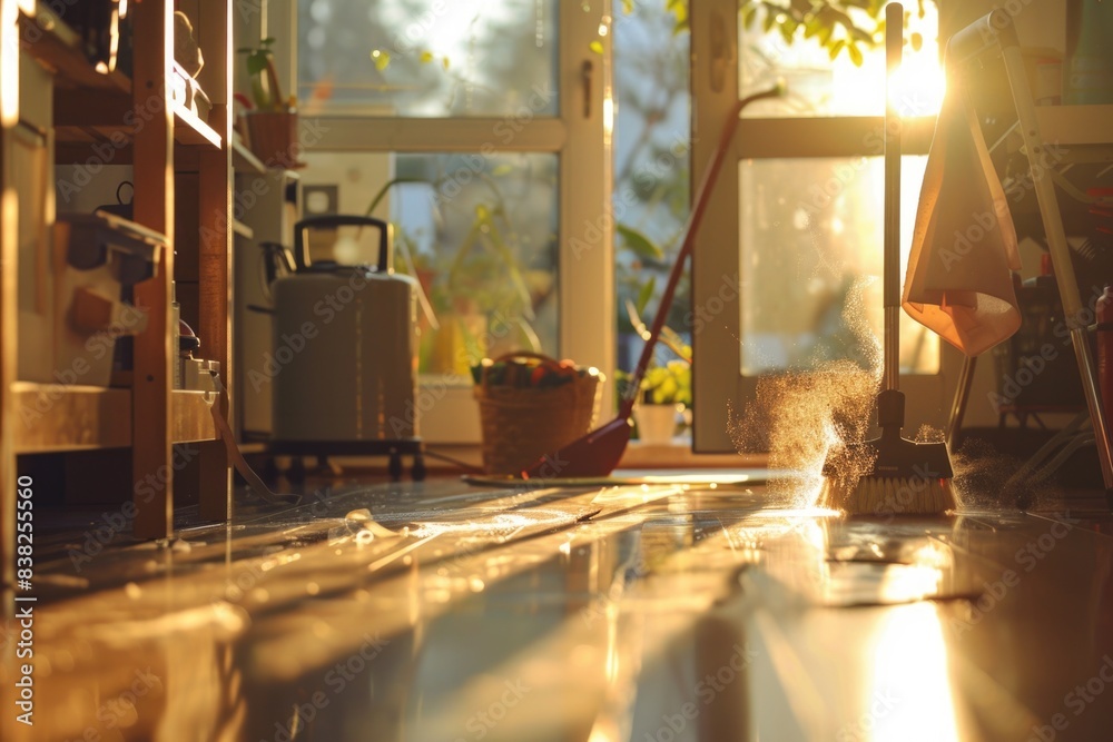 Poster natural sunlight streaming into a room through an open window, illuminating the floor