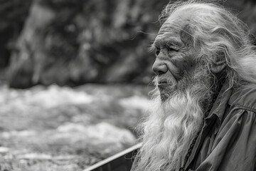 An old man with white hair sits in a boat on a river
