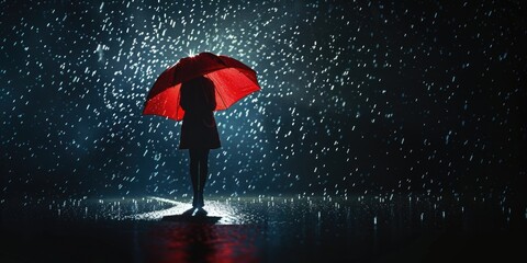 A person waiting under an umbrella during rainfall