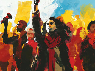 Fototapeta premium A painting of a crowd of people with a woman in the middle holding a sign