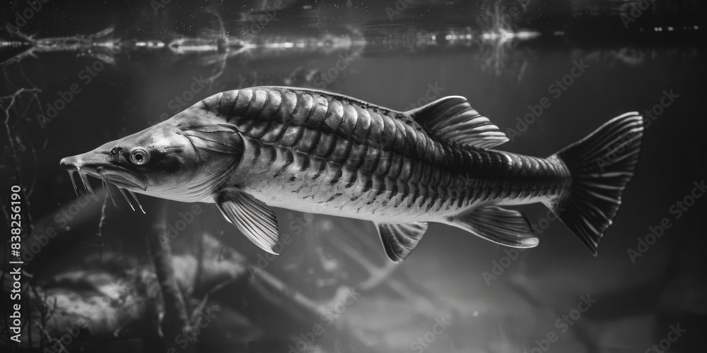 Poster a close-up photo of a fish in black and white, suitable for use as a decorative element or illustrat