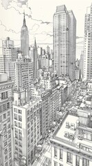 Dynamic Urban Cityscape Sketch with Skyscrapers and Busy Streets in Hand-Drawn Style for Vertical Presentation