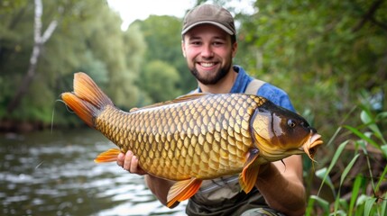 A man holds a large fish caught in a river, suitable for use in outdoors and nature related images