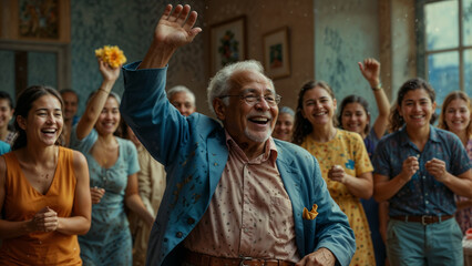 Elderly Man Celebrating with Friends in a Joyful Gathering