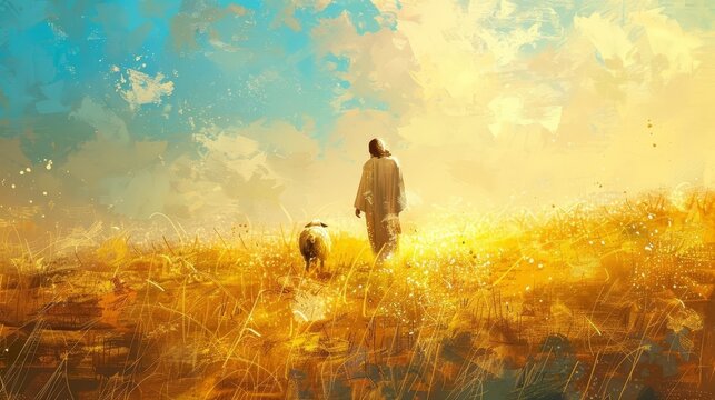 digital painting of jesus christ walking with lamb in sunny meadow religious art