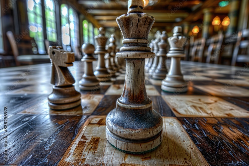 Poster A close-up view of a chess set placed on a wooden floor, ideal for use in illustrations or as a decorative element