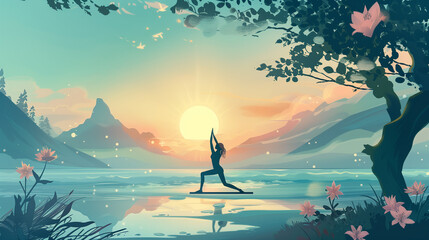 A serene illustration of a person practicing yoga in a tranquil outdoor setting surrounded by nature. Peaceful mindfulness and relaxation concept