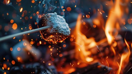 A close-up shot of a toasted marshmallow on a stick being held over an open flame