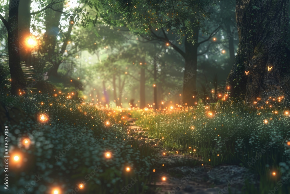 Poster A forest path illuminated by various light sources