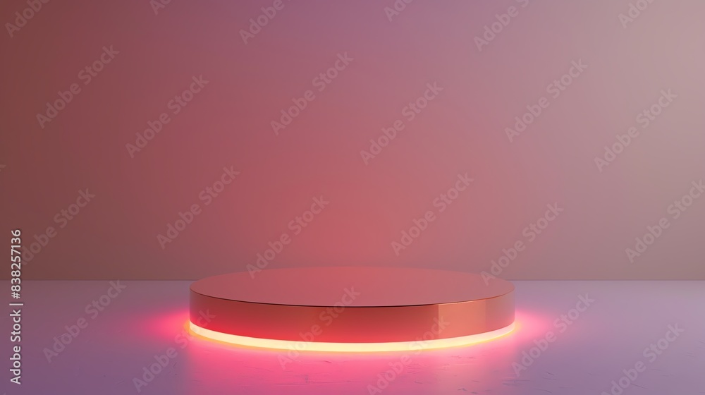 Wall mural minimalist round pedestal with a glowing neon pink light, ideal for showcasing products in a modern 