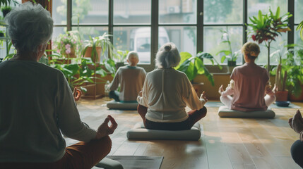 A heartwarming scene of a group of seniors doing yoga together with supportive aids in a cozy studio. Senior wellness and community concept