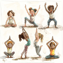 Children practicing yoga with an instructor using colorful mats in a lively classroom setting. Youth fitness and learning concept