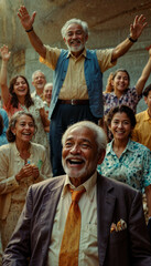 Joyful Elderly Man Celebrating with Friends and Family