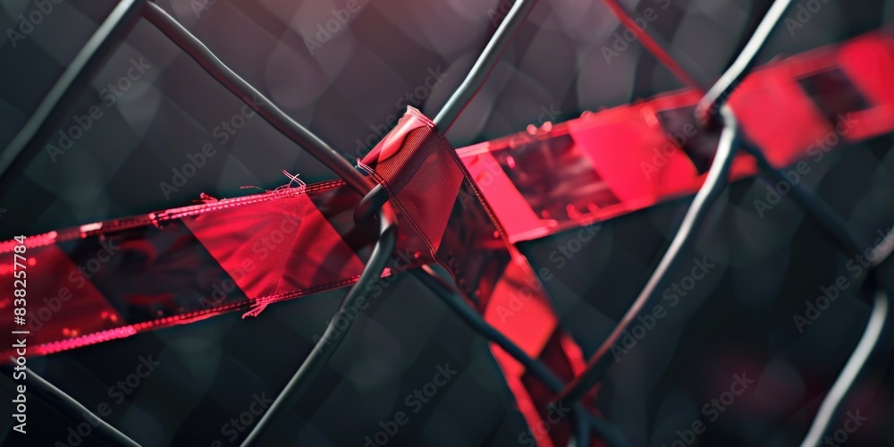 Poster a close-up shot of a fence with a red ribbon tied around it, symbolizing something special or signif