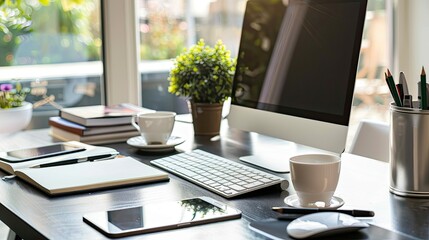 Organized desk with a computer, phone, notebook, and pen, creating a clean and professional workspace